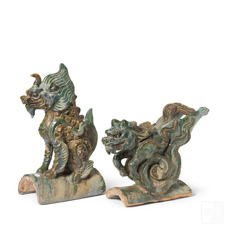 明 瑞獸陶瓦兩件 | TWO LARGE GLAZED POTTERY MYTHICAL BEAST ROOF TILES - 图4
